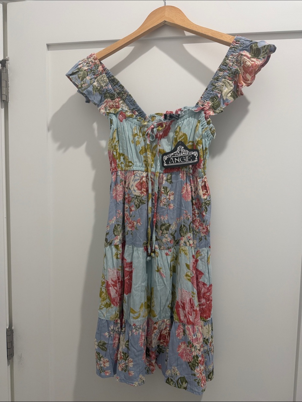 Angie Light Blue Floral Ruffled Sundress with Pink Roses
